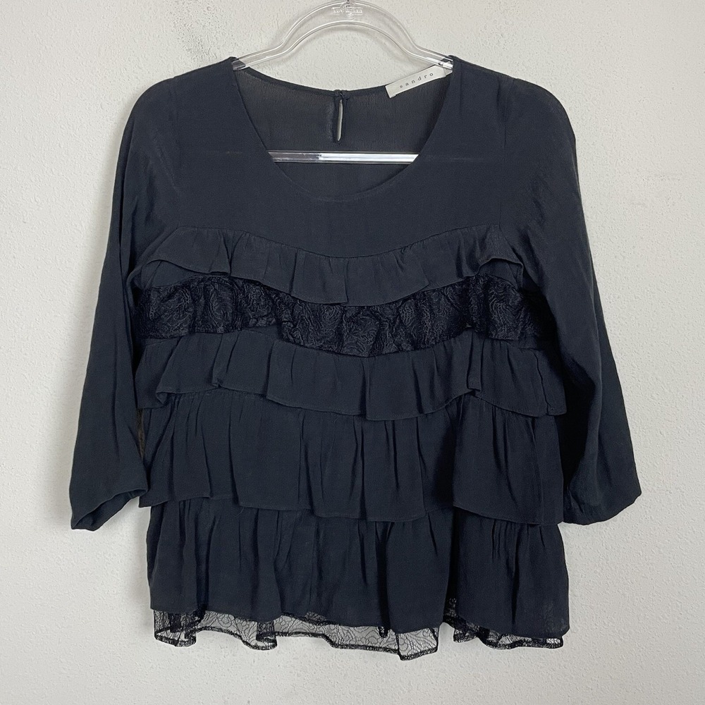Sandro Ruffle Babydoll Black Blouse Size 2 Lace Accent Whimsigoth Dark Fairy